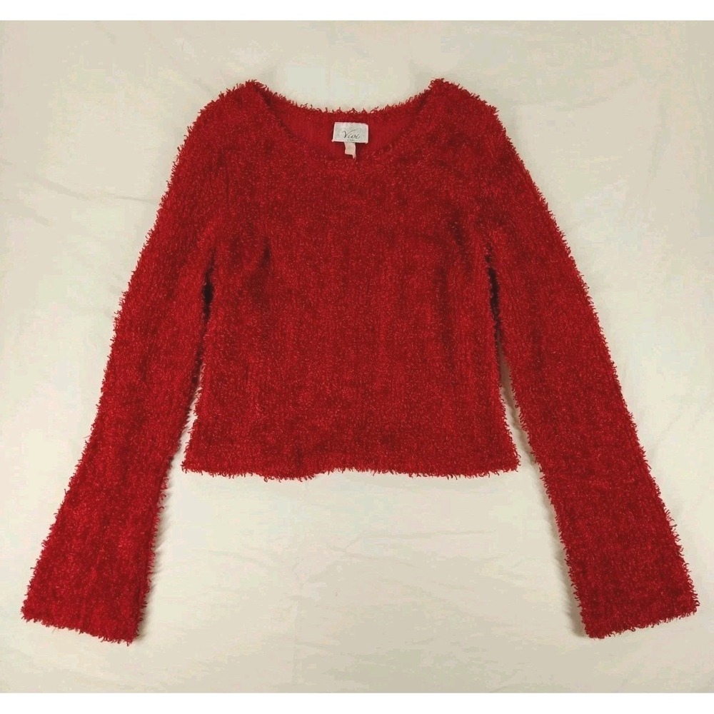 Vivi Red Cropped, Bouclé Knit Sweater With Long Slightly‎ Flared Sleeves Large